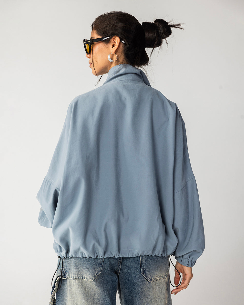 High Collar Bomber Jacket- Dusty Blue