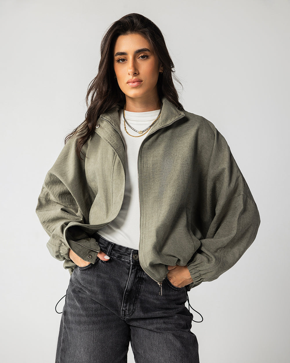 High Collar Bomber Jacket - Olive Green