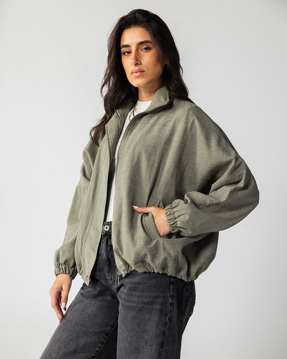 High Collar Bomber Jacket - Olive Green