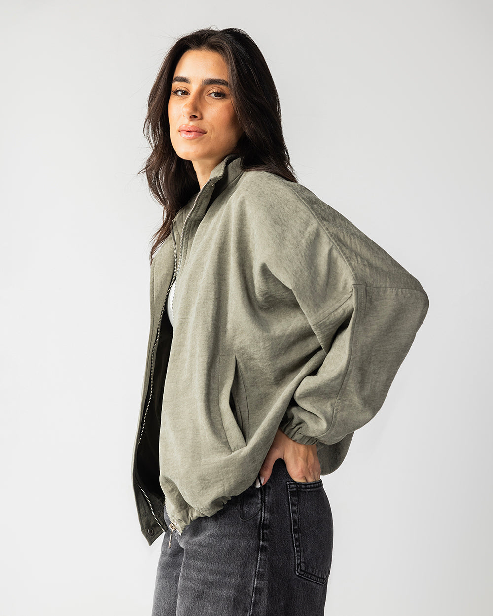 High Collar Bomber Jacket - Olive Green