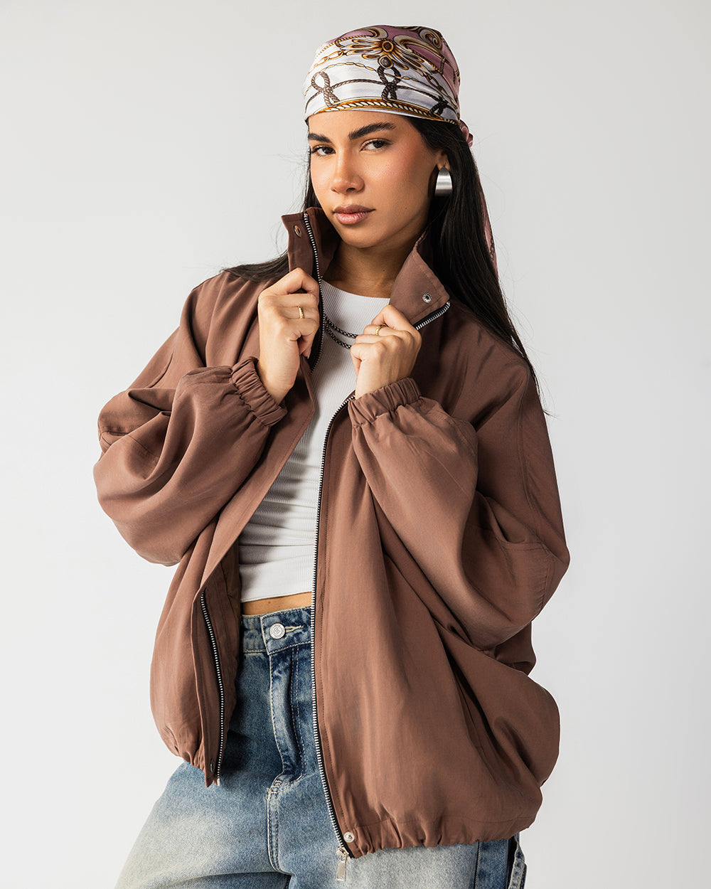 High Collar Bomber Jacket - Ash Brown