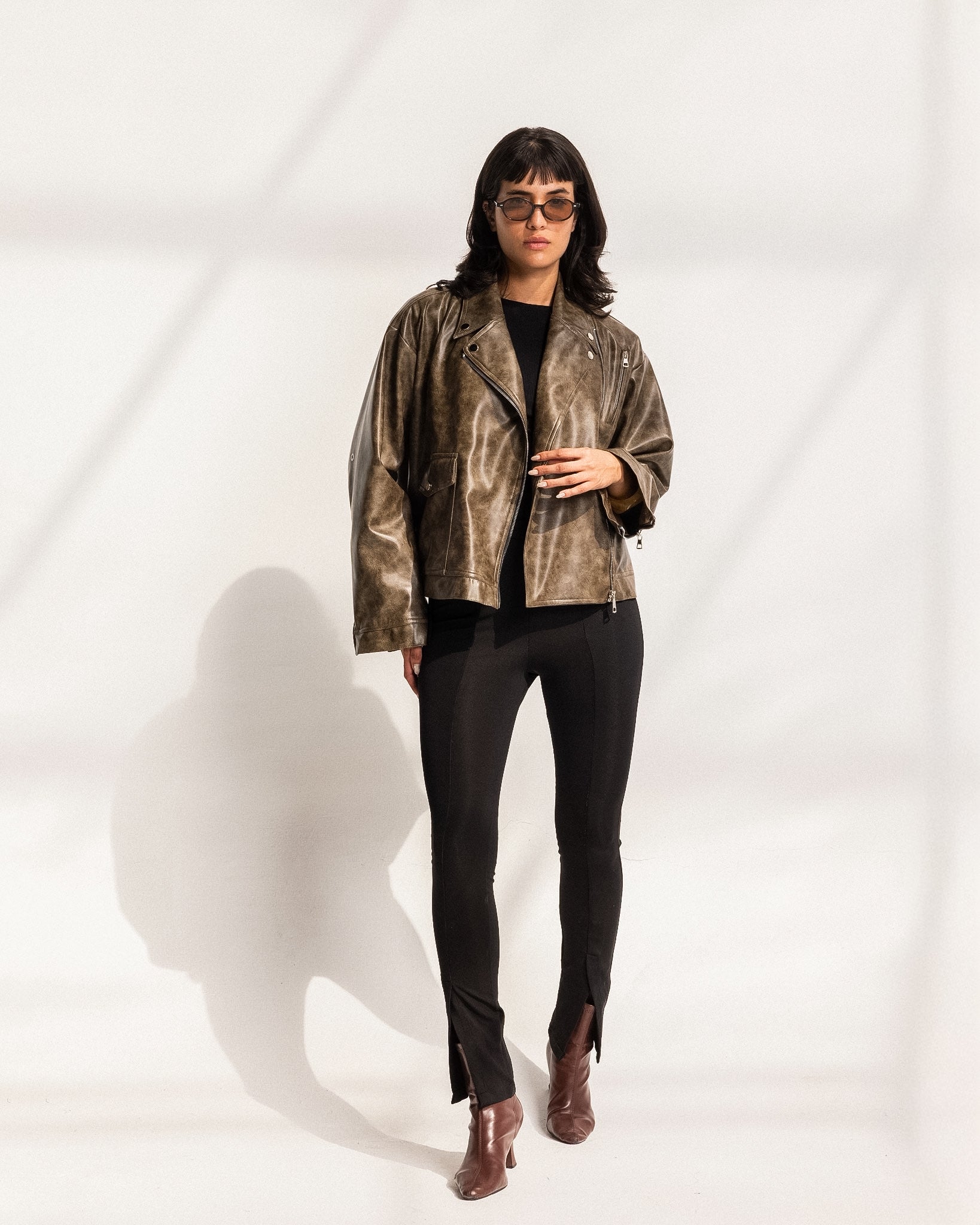 Washed Leather biker Jacket - Wood