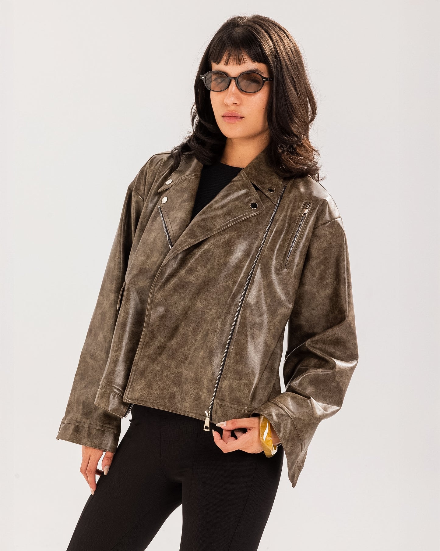 Washed Leather biker Jacket - Wood