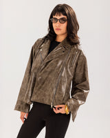 Washed Leather biker Jacket - Wood