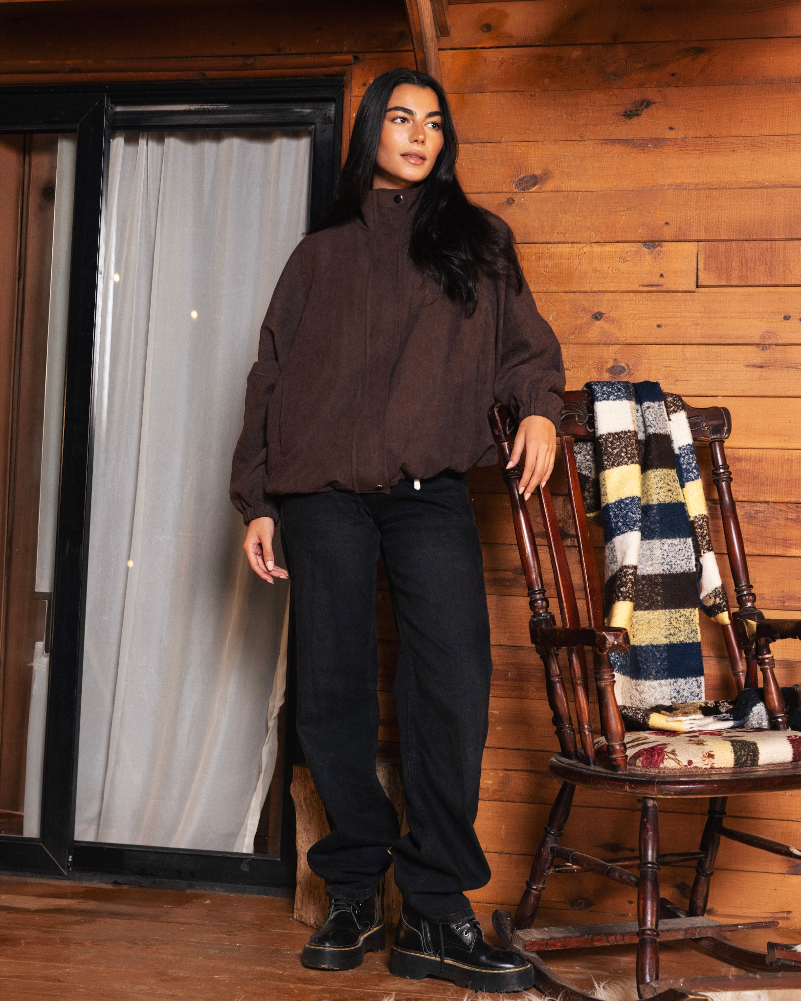 High Collar Bomber Jacket - Brown