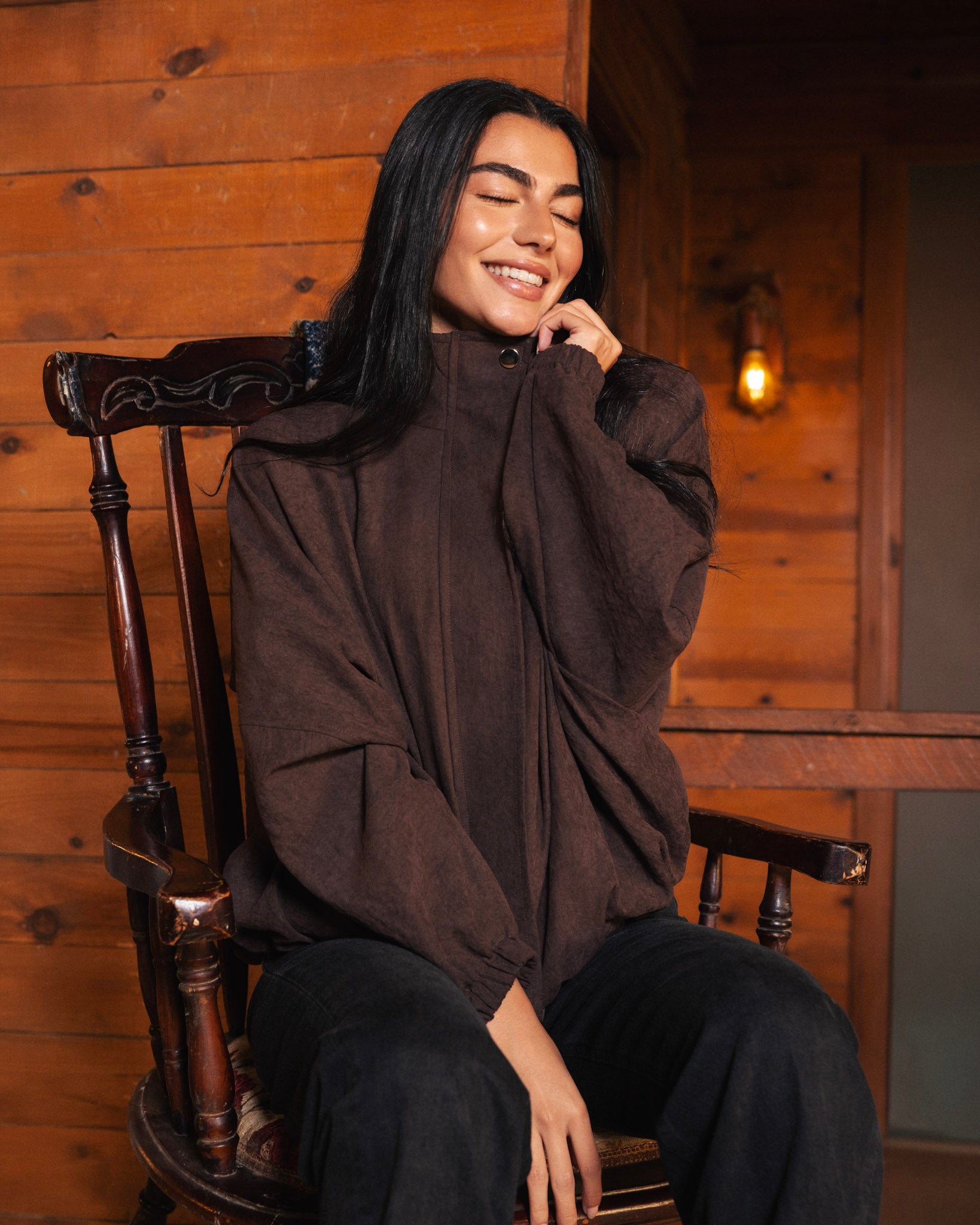 High Collar Bomber Jacket - Brown