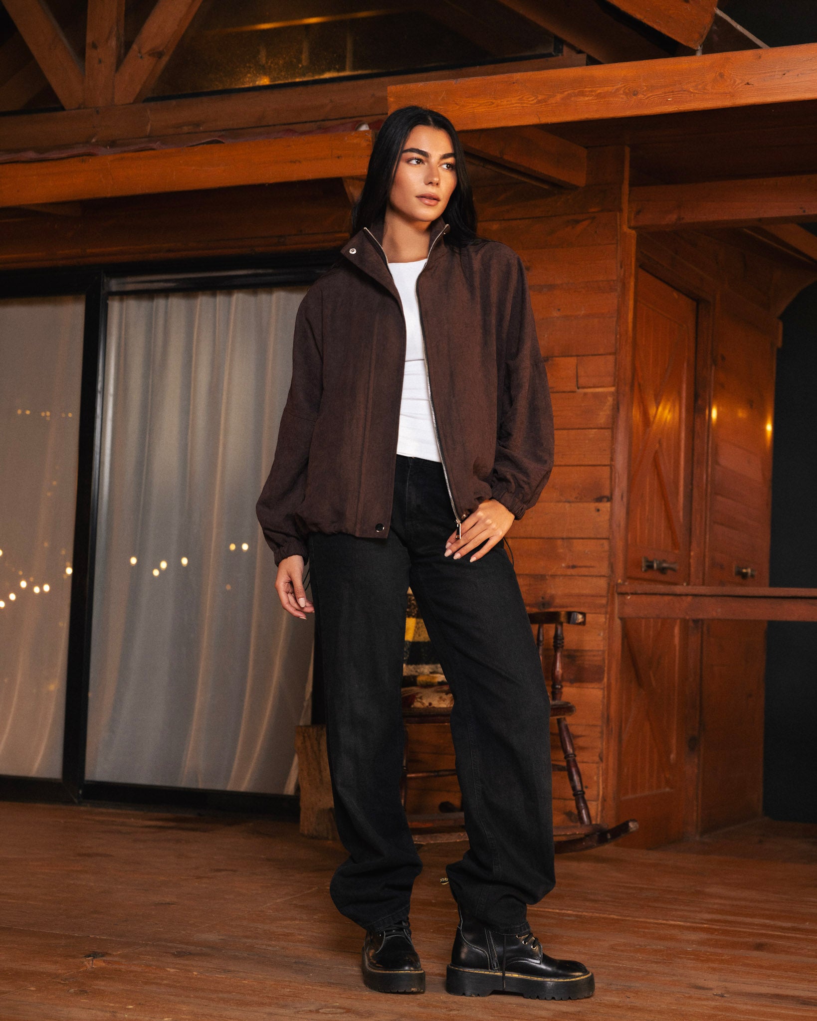 High Collar Bomber Jacket - Brown