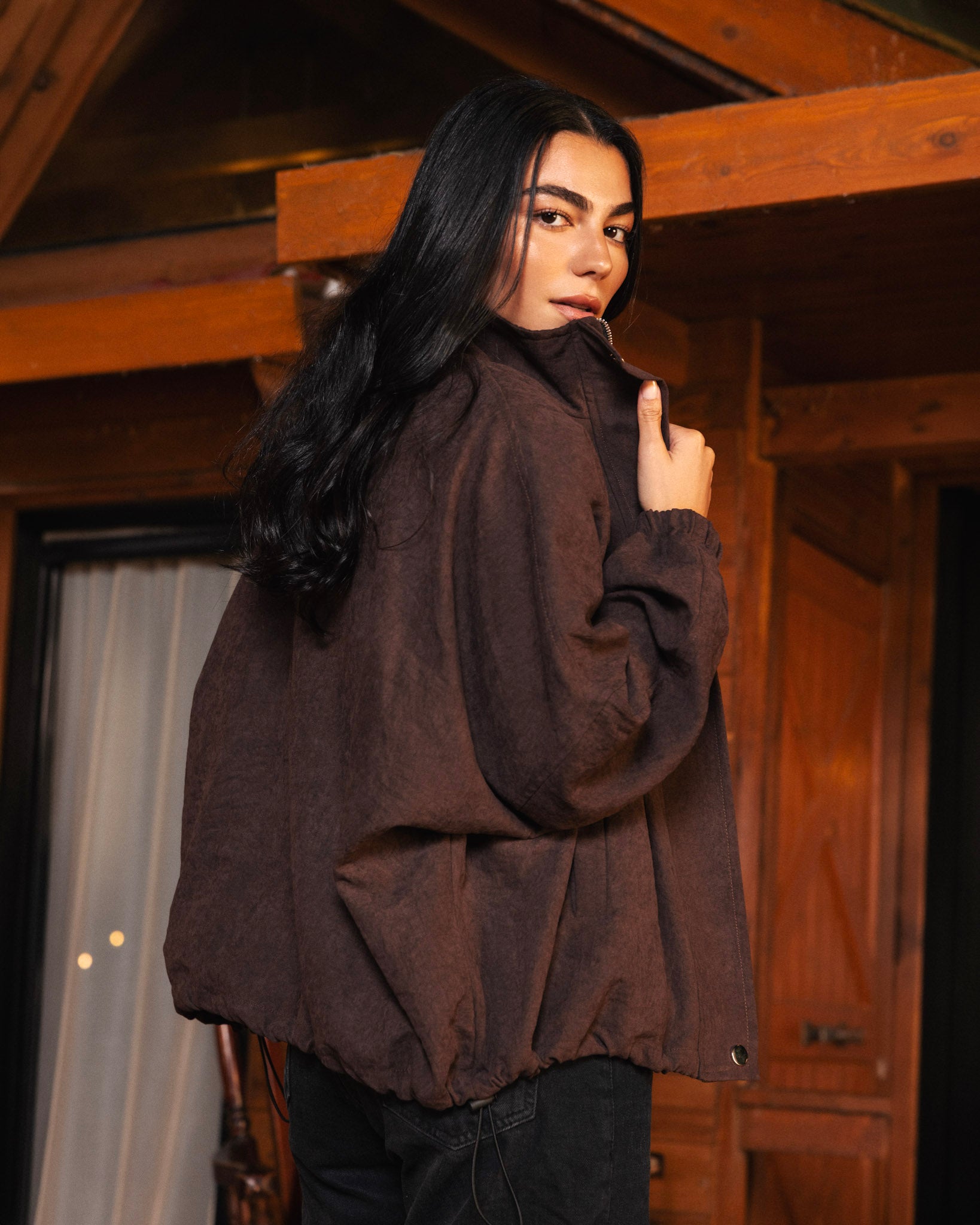 High Collar Bomber Jacket - Brown