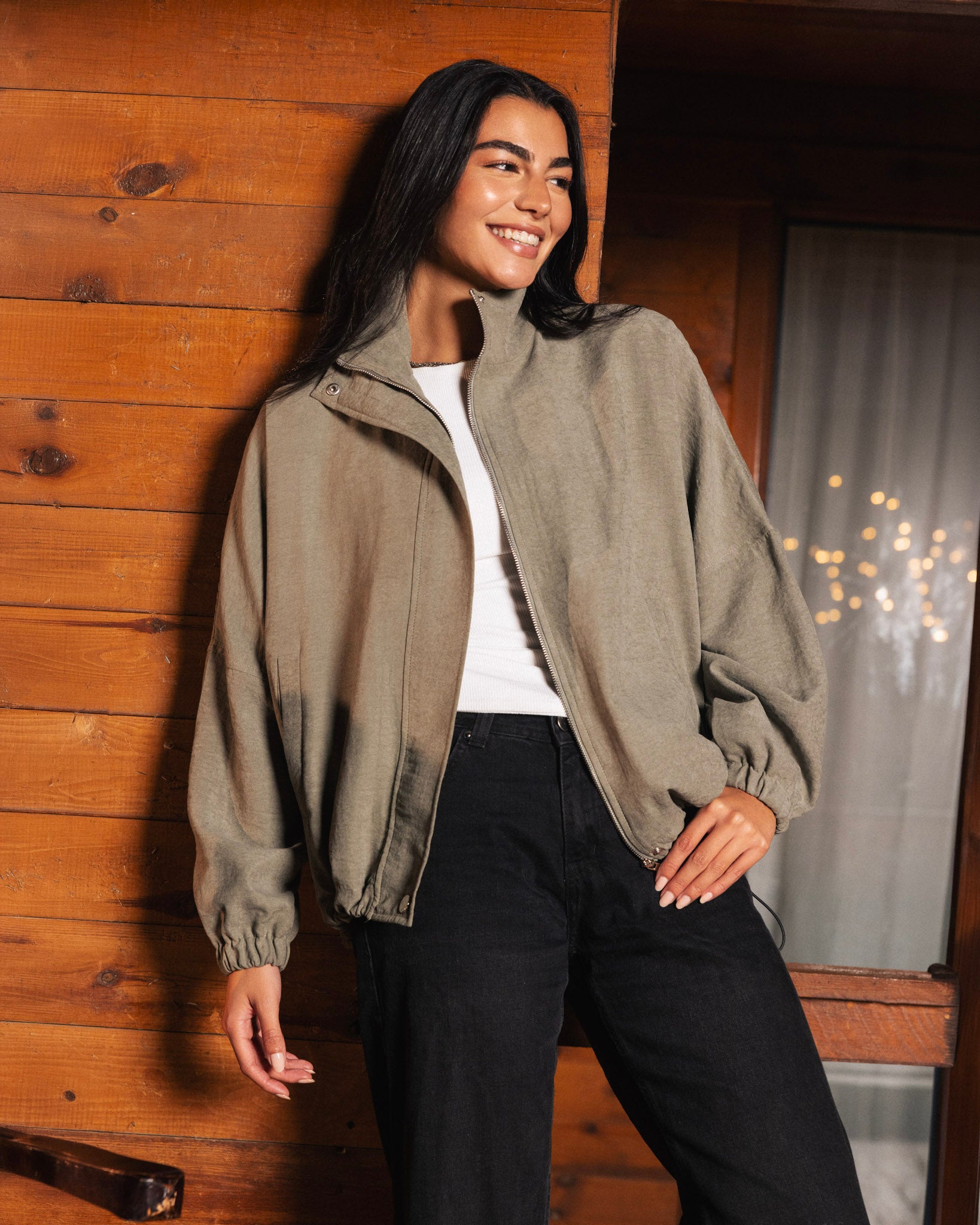 High Collar Bomber Jacket - Olive Green