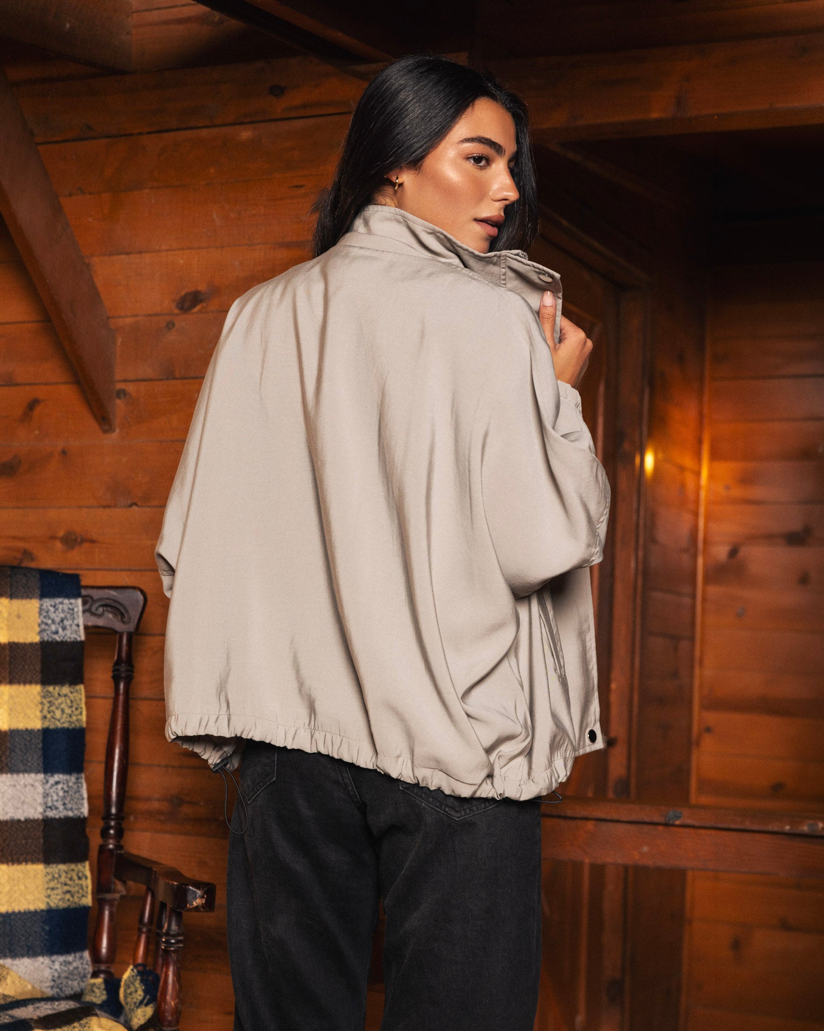 High Collar Bomber Jacket - Oatmeal
