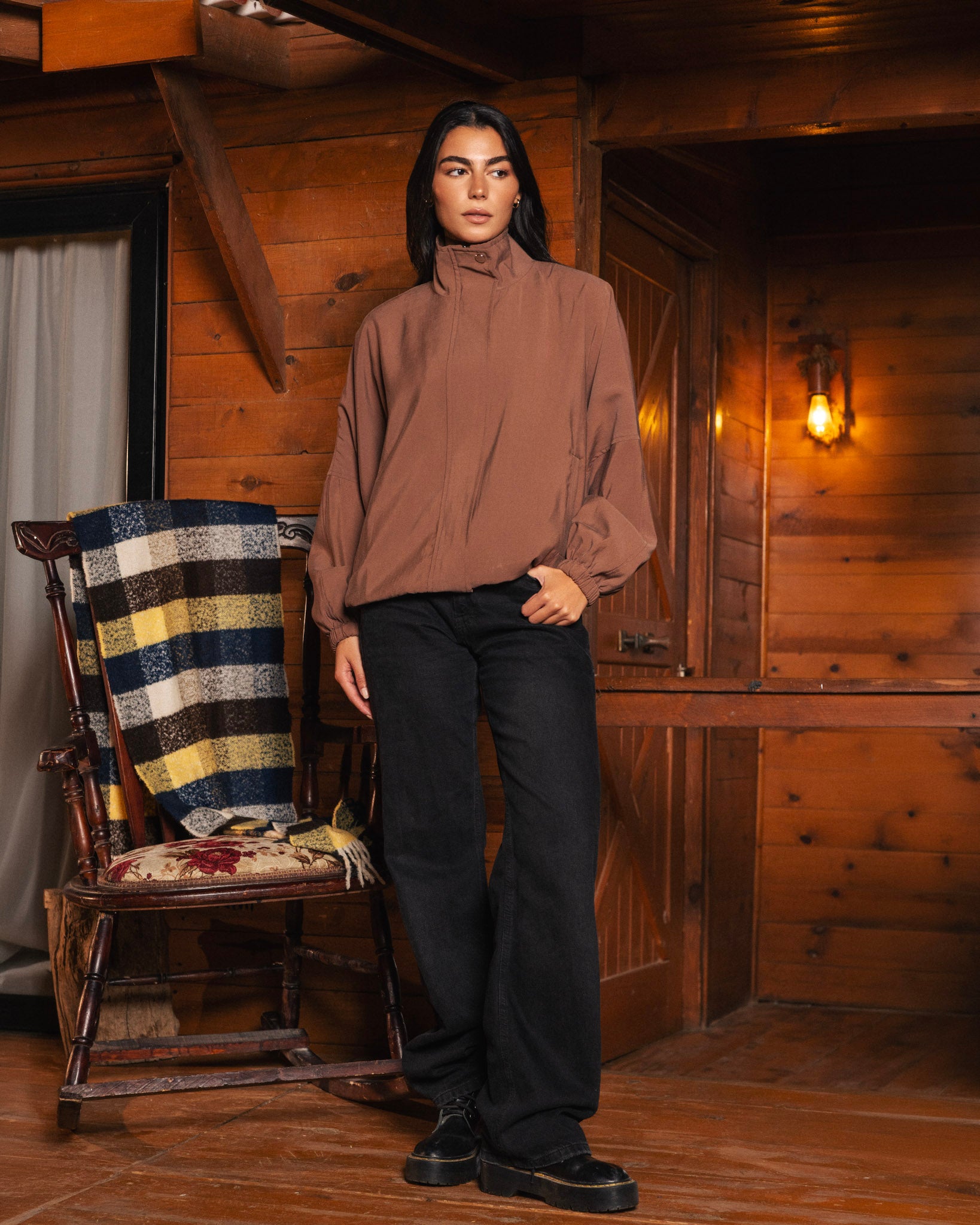 High Collar Bomber Jacket - Ash Brown