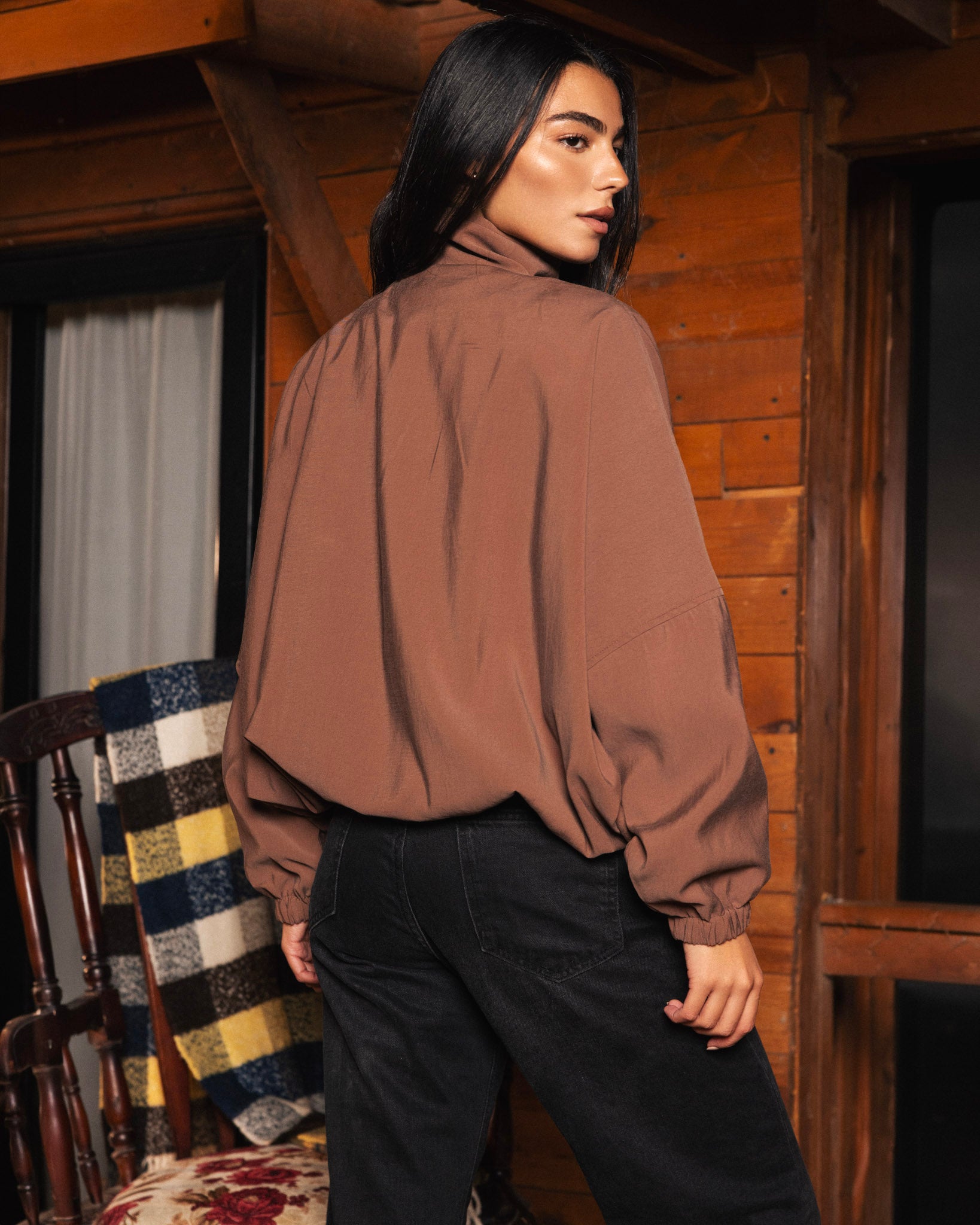 High Collar Bomber Jacket - Ash Brown