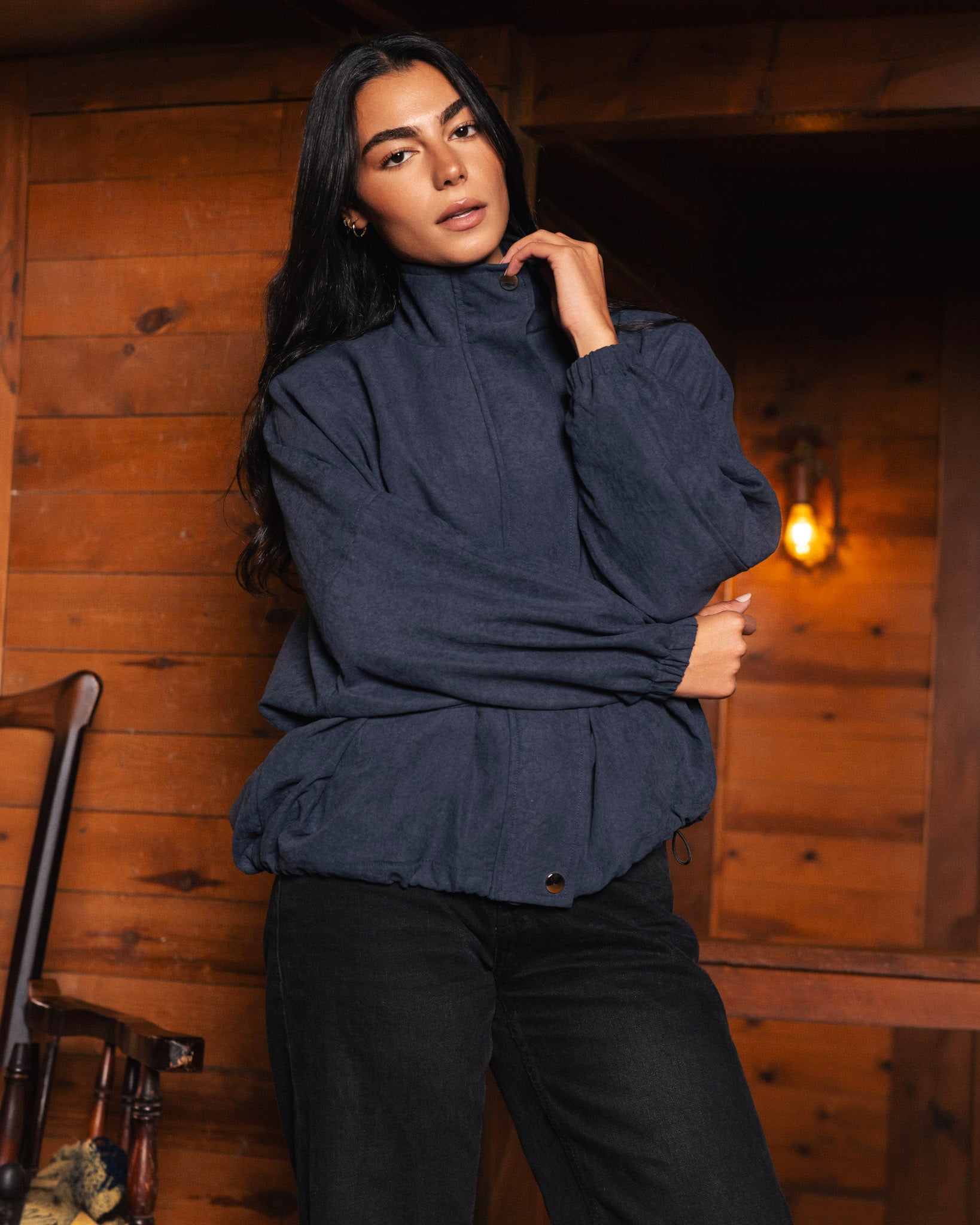 High Collar Bomber Jacket - Navy