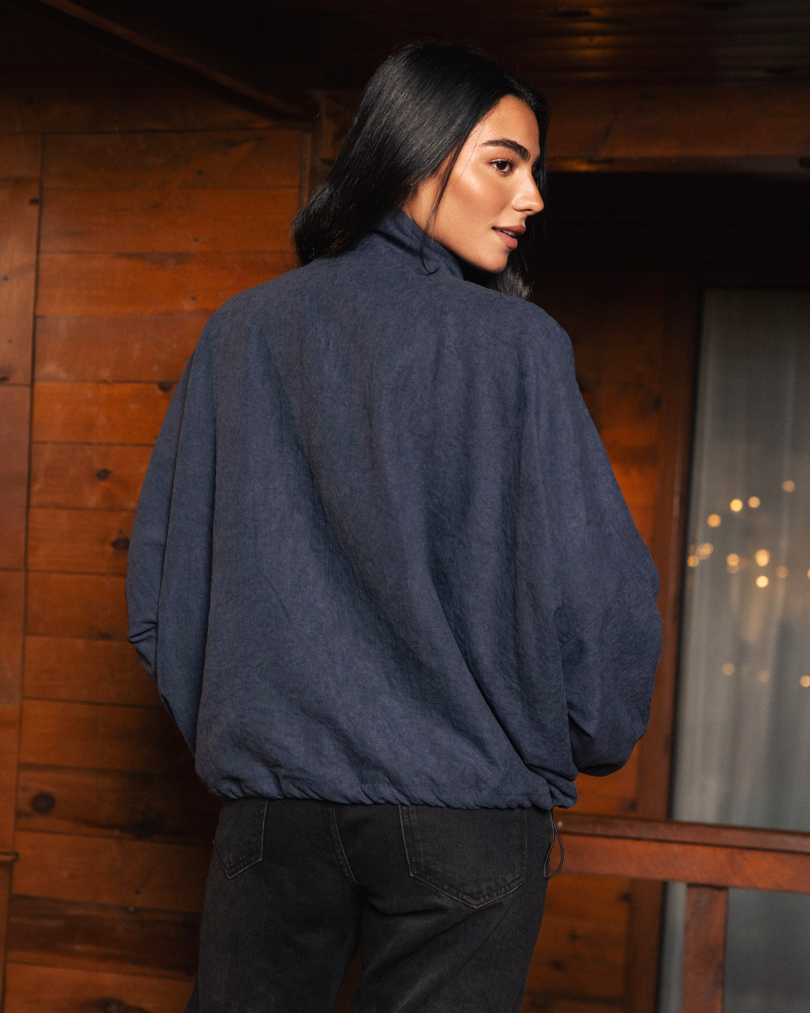 High Collar Bomber Jacket - Navy
