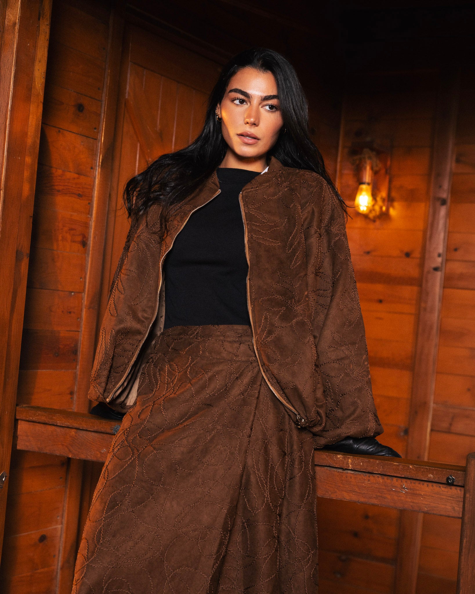 Threaded Motif Suede Jacket Brown - Adults