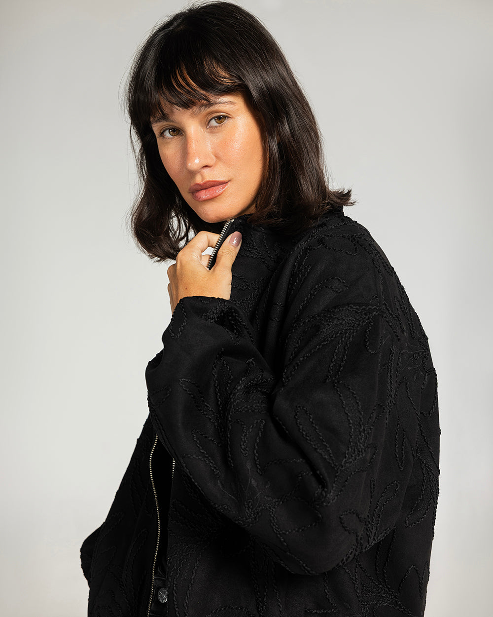 Threaded Motif Suede Jacket Black - Adults