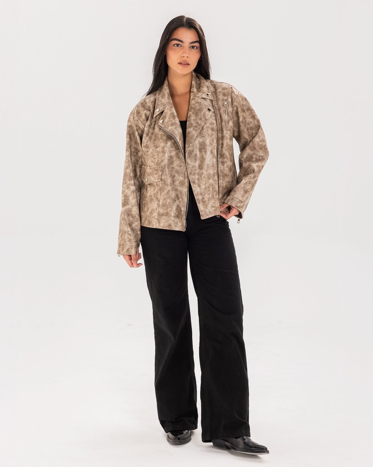 Washed Leather biker Jacket - Beige