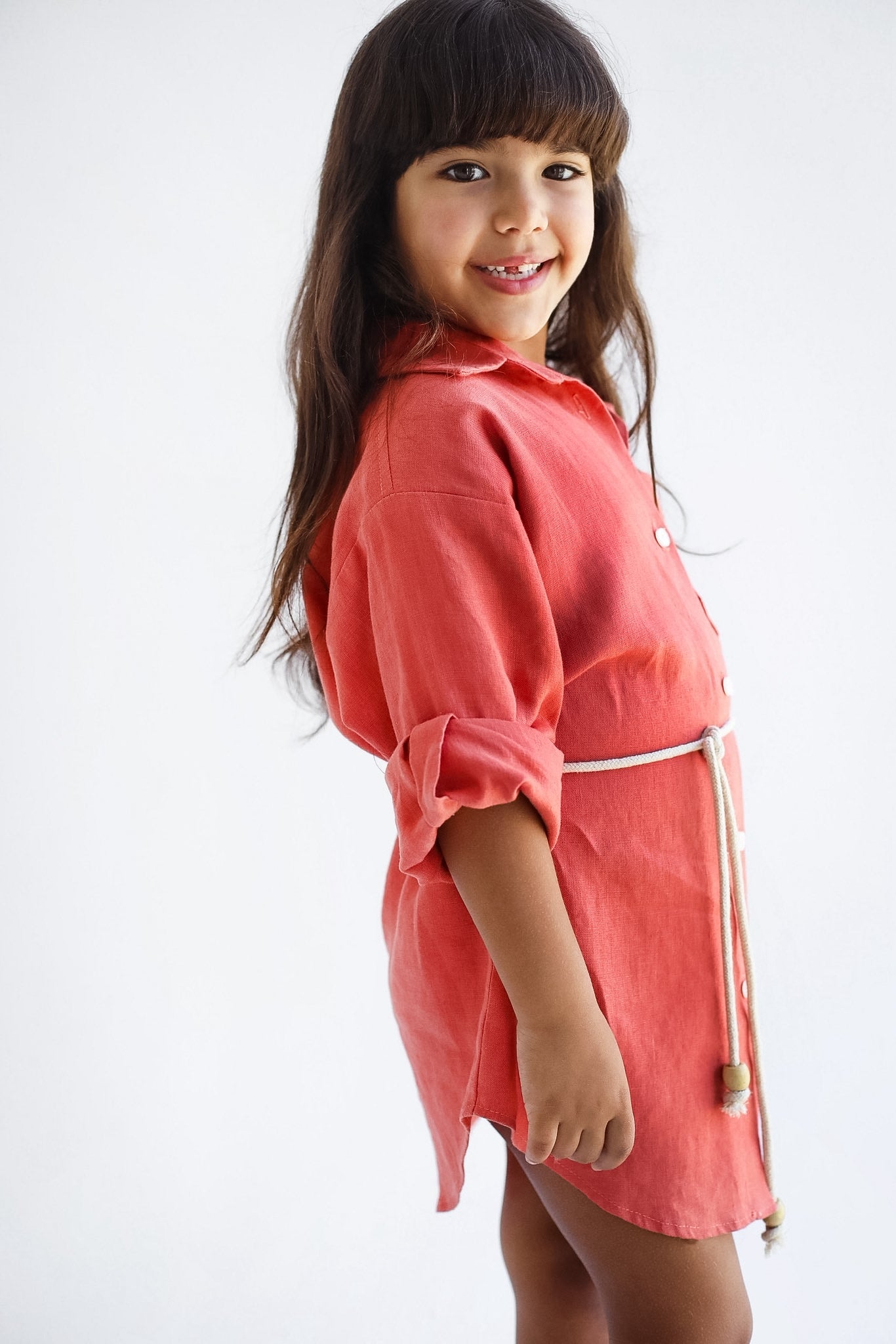 The Essential Linen Orange shirt Dress-Kids