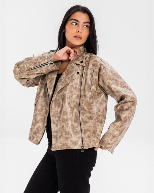 Washed Leather biker Jacket - Beige
