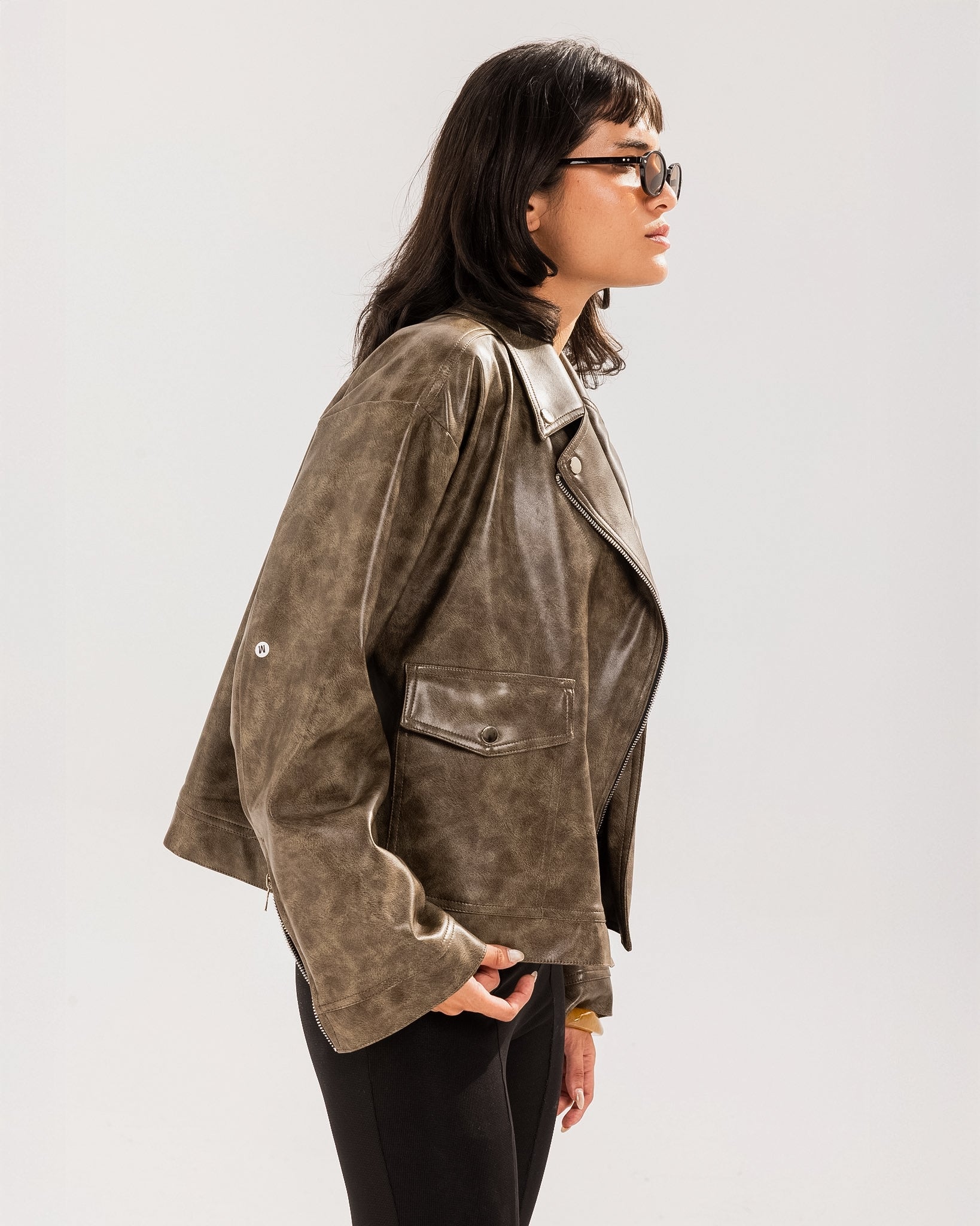 Washed Leather biker Jacket - Wood