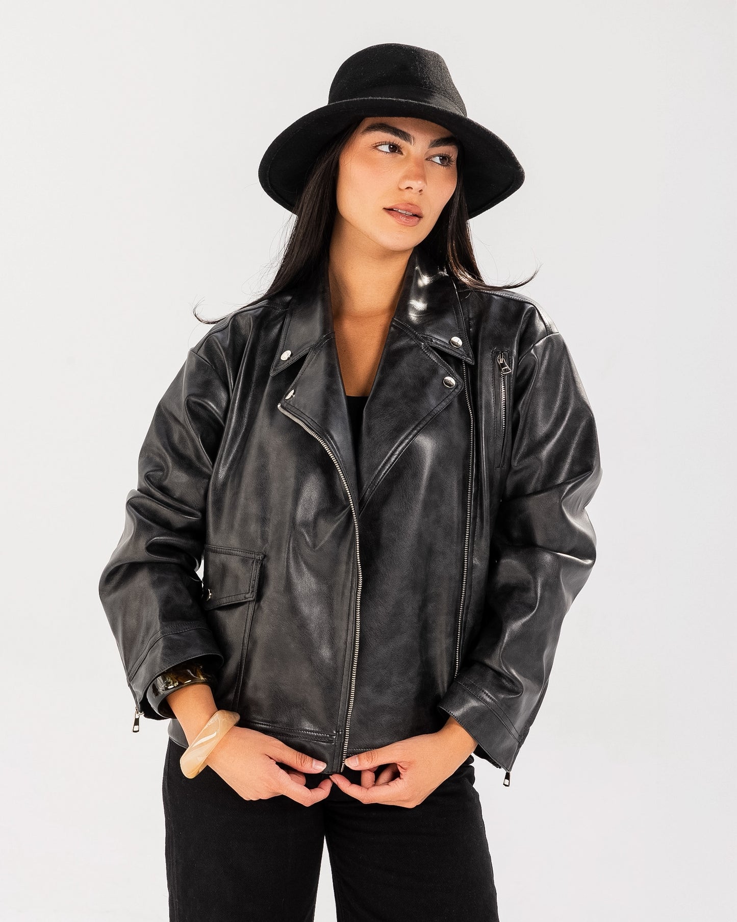 Washed Leather biker Jacket - Black