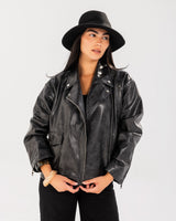 Washed Leather biker Jacket - Black