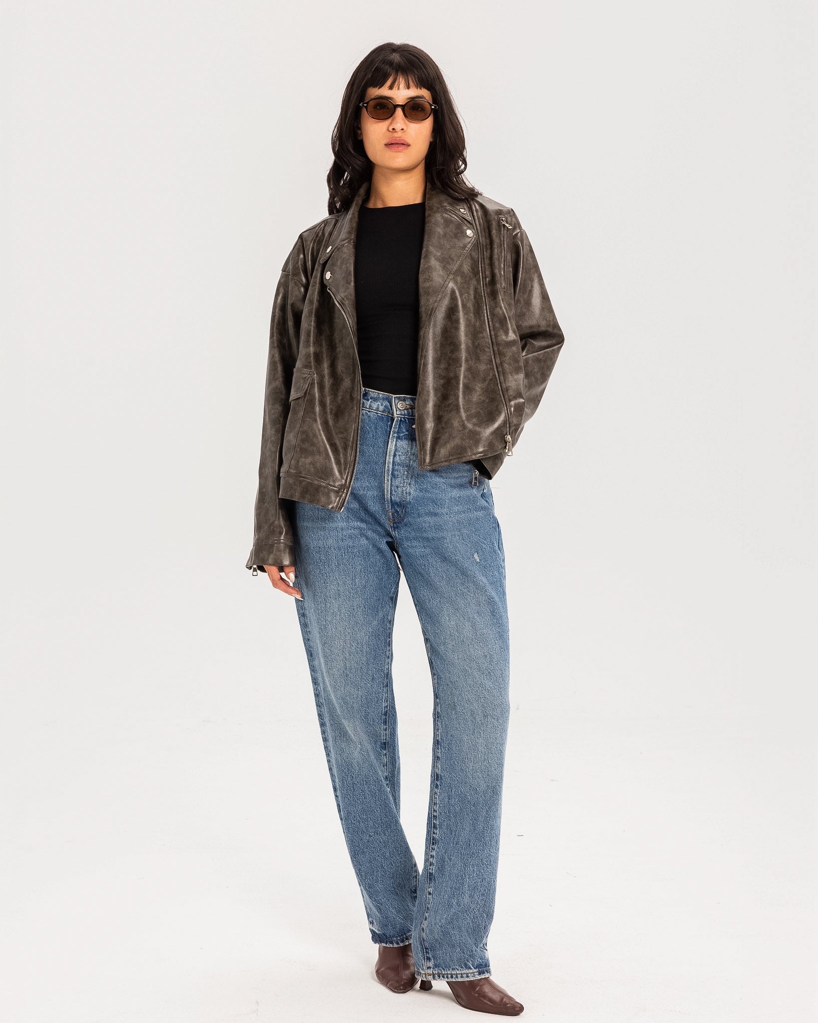 Washed Leather biker Jacket - Brown