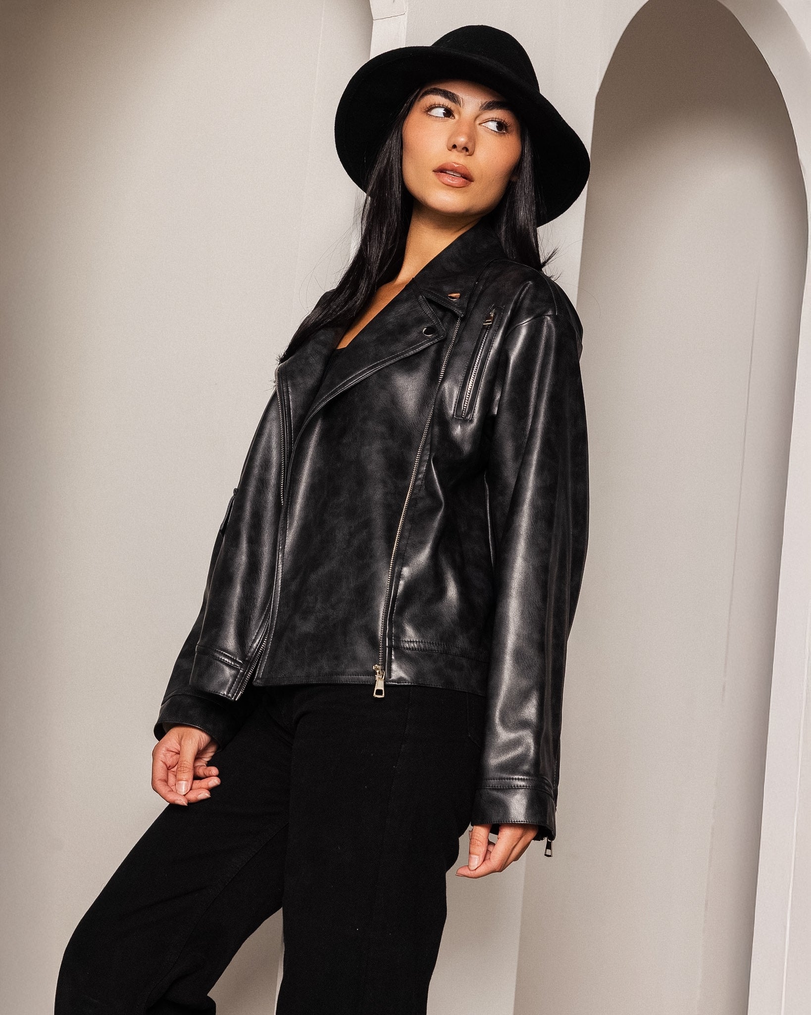 Washed Leather biker Jacket - Black