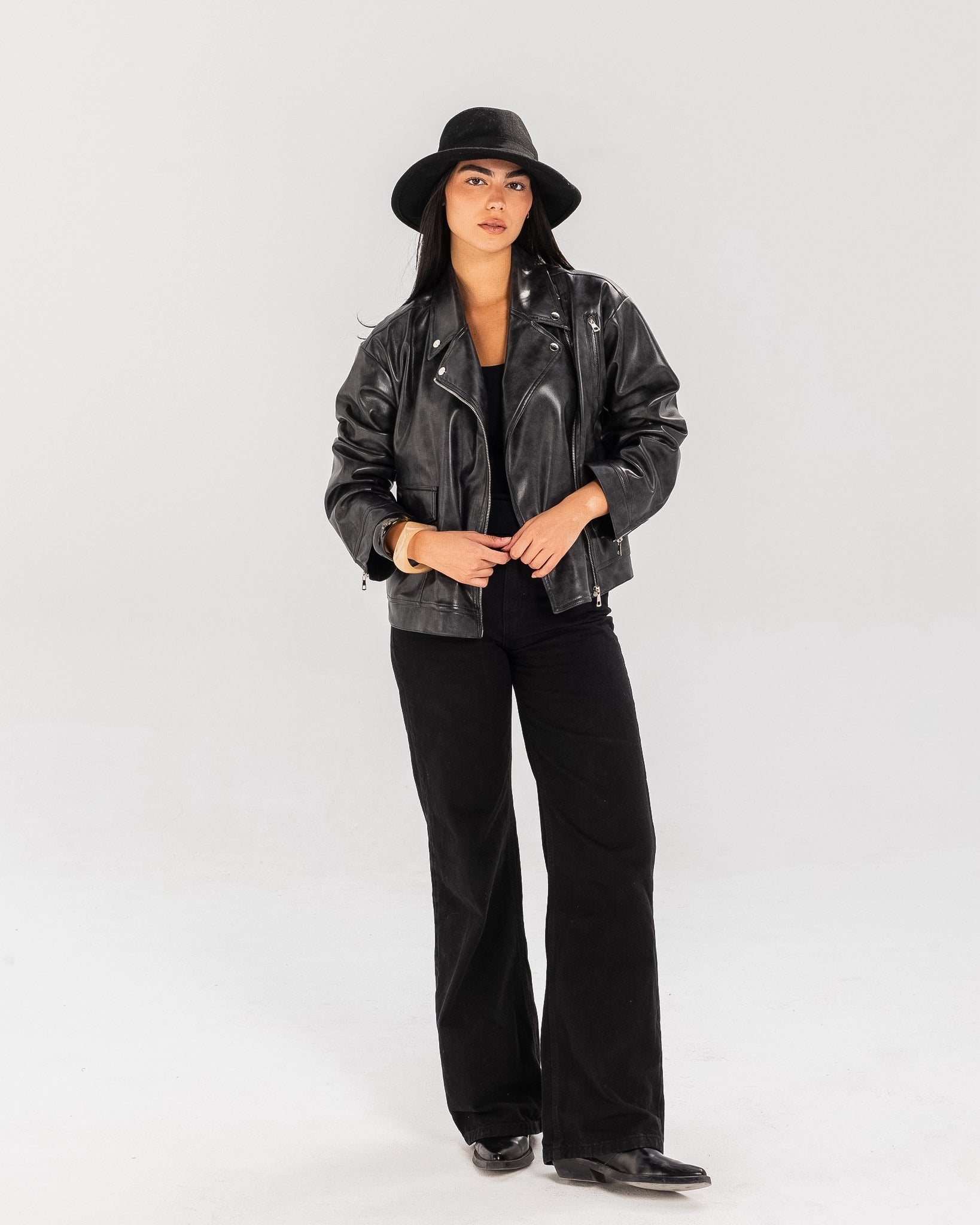 Washed Leather biker Jacket - Black