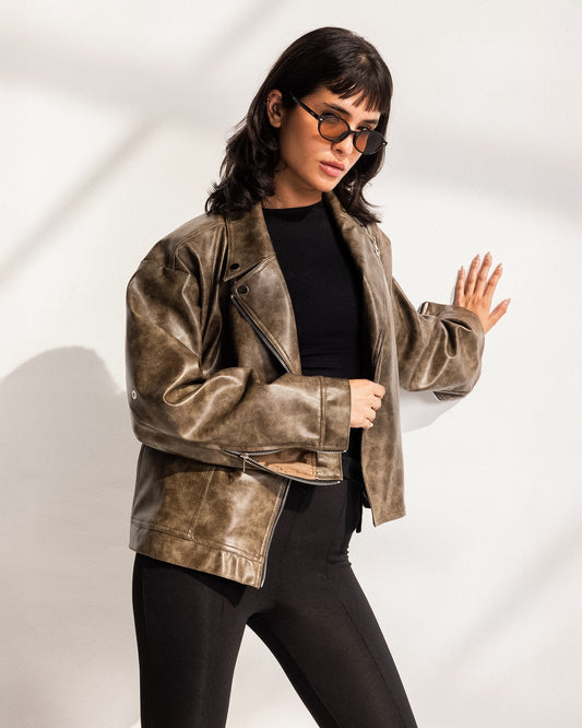 Washed Leather biker Jacket - Wood