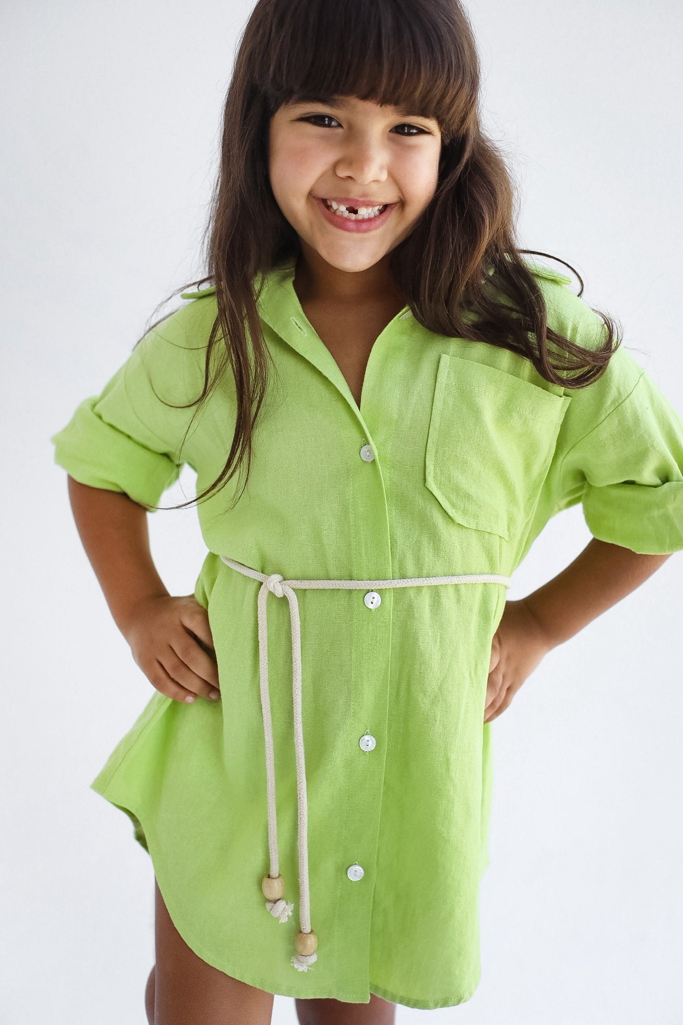 The Essential Linen Apple Green Shirt Dress-Kids