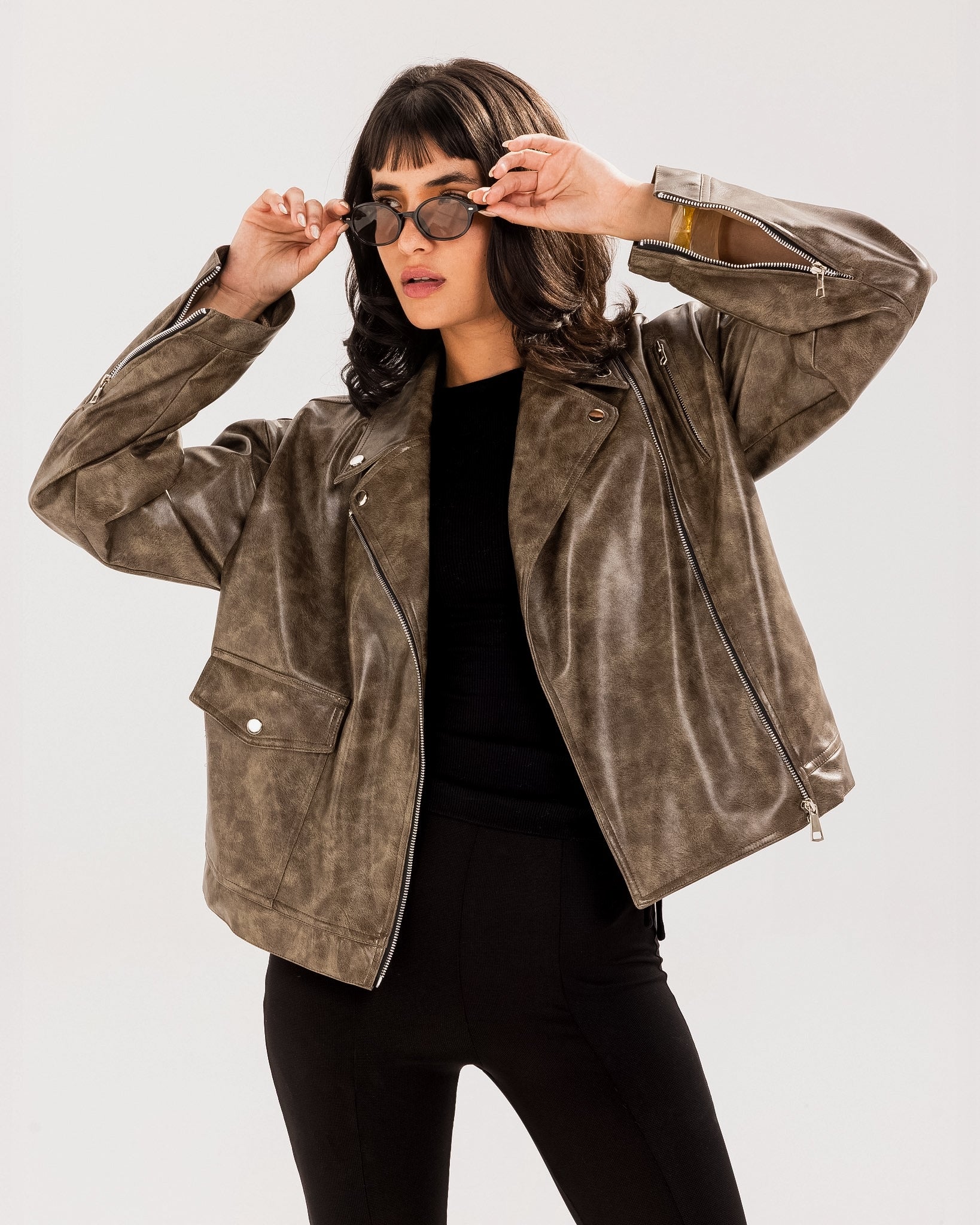 Washed Leather biker Jacket - Wood