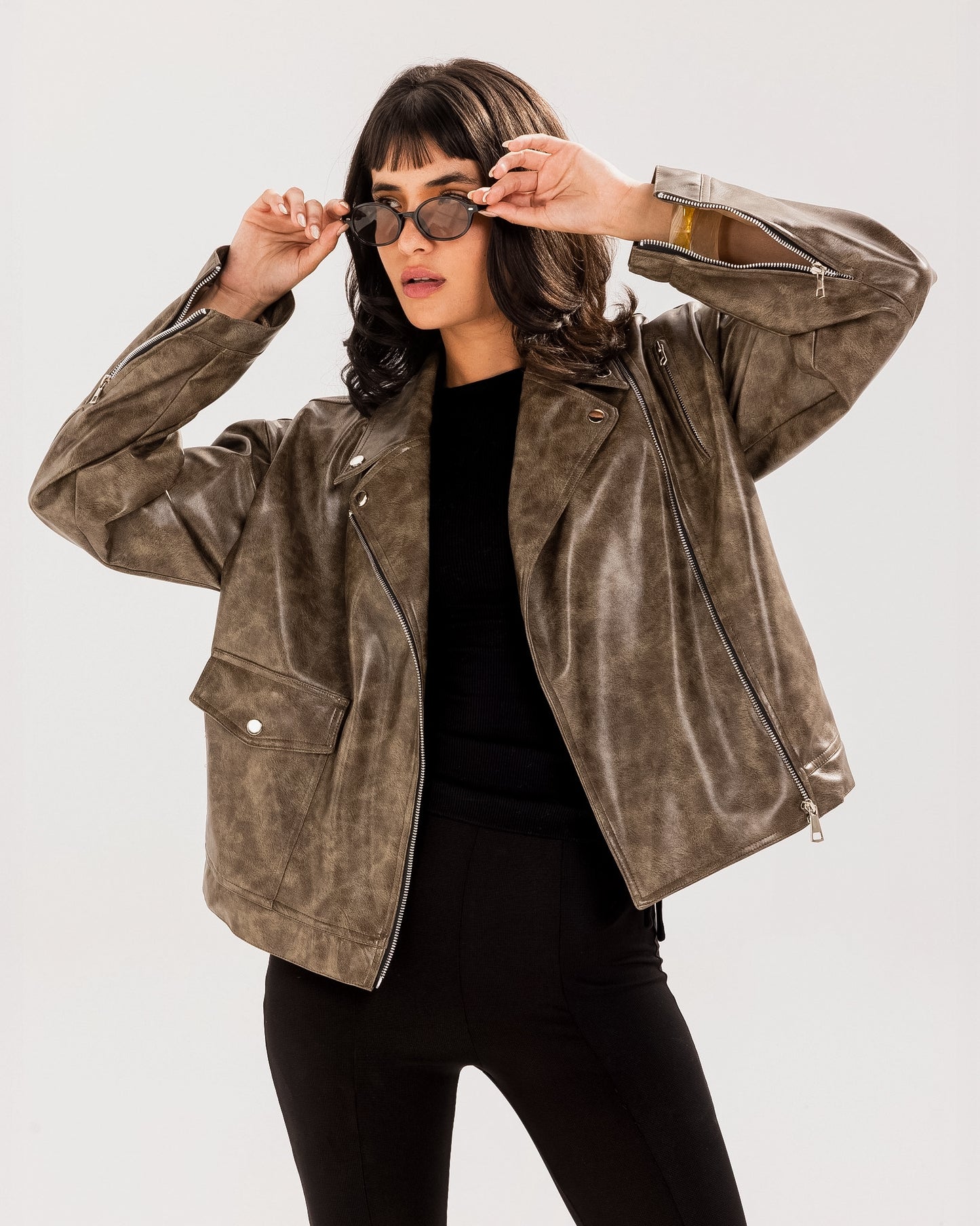 Washed Leather biker Jacket - Wood