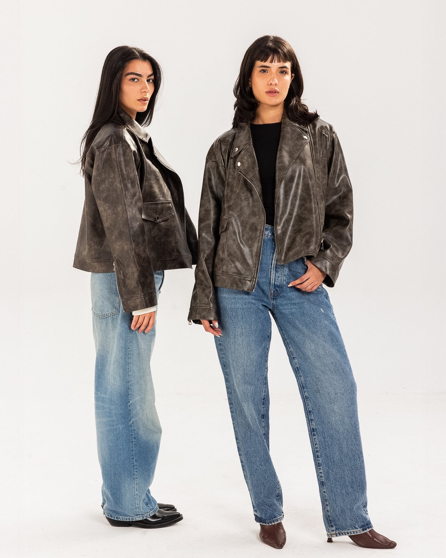 Washed Leather biker Jacket - Brown