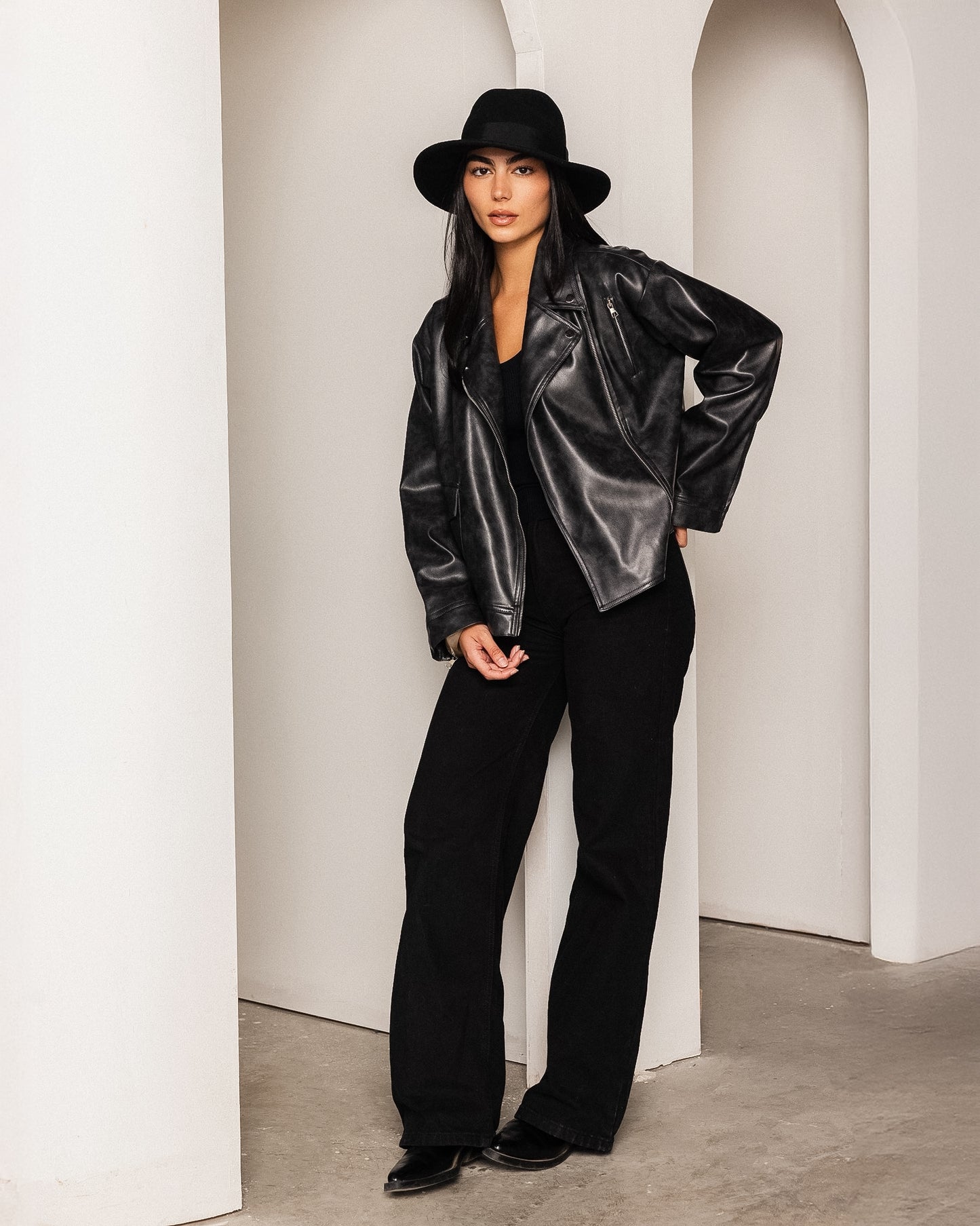 Washed Leather biker Jacket - Black