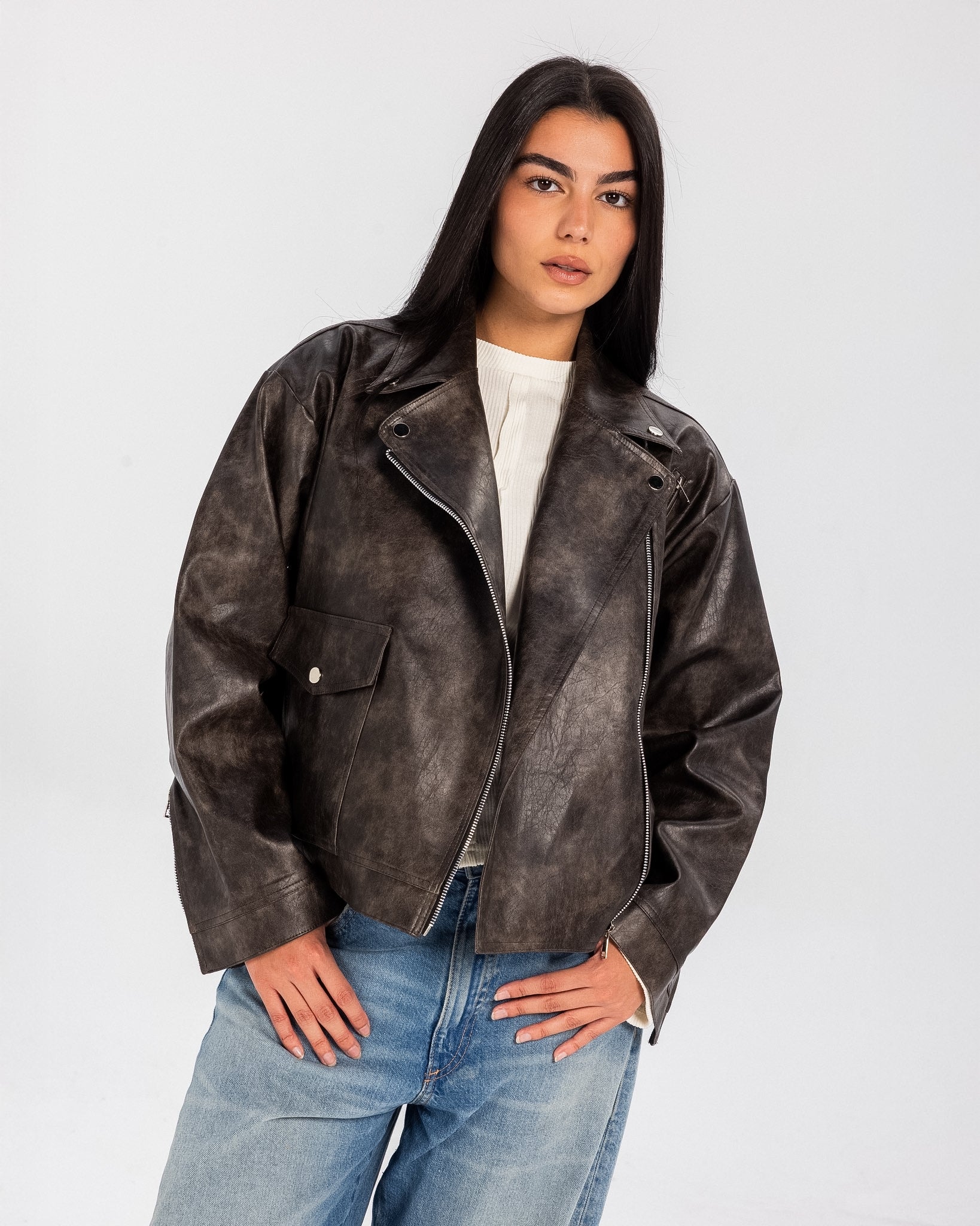 Washed Leather biker Jacket - Brown
