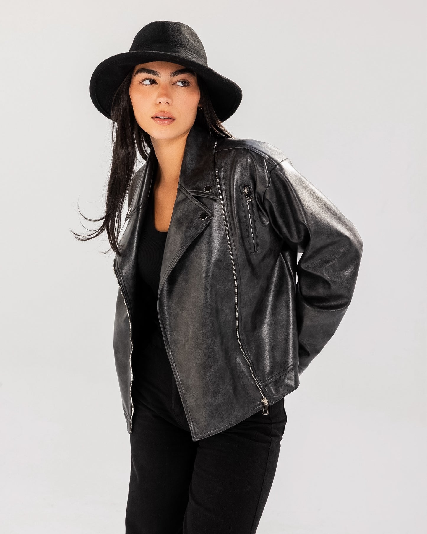 Washed Leather biker Jacket - Black